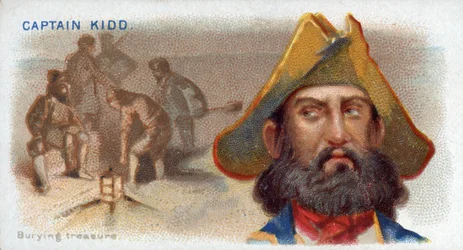 Carta da sigaretta Capitano Kidd, che seppellisce il tesoro, dalla serie Pirati del Mar dei Caraibi (N19), pub. 1888